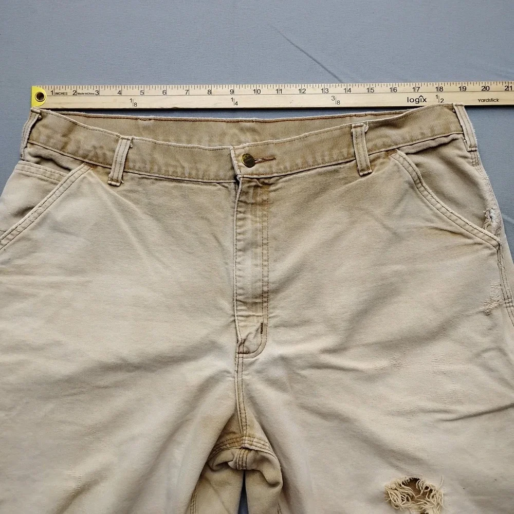 Vintage Carhartt Thrashed Carpenter Pants Tan Canvas Workwear 40x30 Distressed